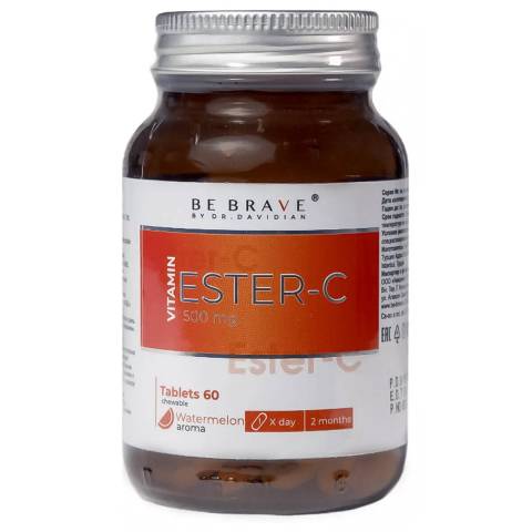 Витамин ESTER-C (Аскорбат кальция), 500мг, таблетки со вкусом арбуза, 60 шт, BE BRAVE