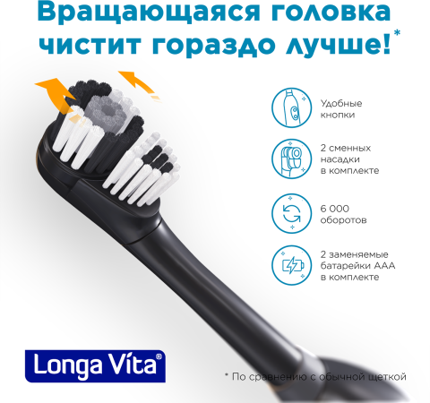 Зубная щетка ротационная + сменная насадка в комплекте, черная, Longa Vita