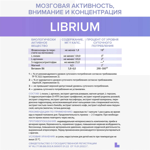 Либриум (мозг, внимание и концентрация), 60 капсул, Elemax